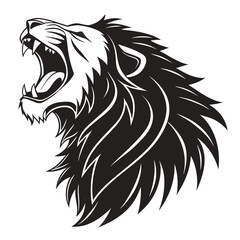 Roaring lion head in black and white vector illustration a powerful and majestic animal with a fierce expression, perfect for logos and designs