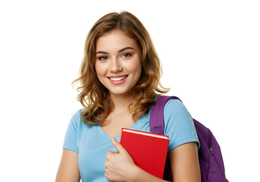 A smiling young woman student holding a red book and wearing a backpack on a white background