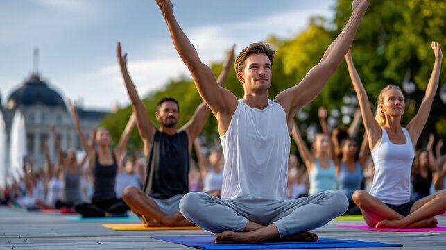 Diverse group of people participates in an outdoor yoga class, sitting in lotus pose with arms extended upwards, embracing mindfulness and healthy lifestyle