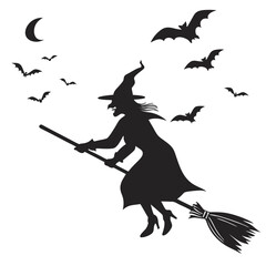 A spooky silhouette of a witch riding a broomstick across the night sky, surrounded by bats and a crescent moon, a classic halloween image