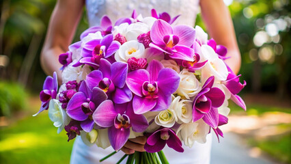 A beautiful bridal bouquet filled with vibrant purple and white orchids