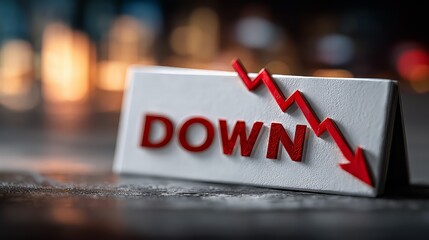 The word DOWN in red letters with a sharp red arrow pointing downwards on a white sign, representing economic recession, financial crisis, and market decline