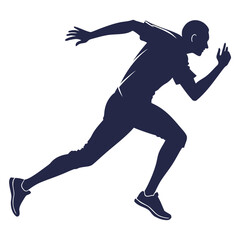 A dynamic silhouette of a male runner in full stride, depicted in a deep blue against an, symbolizing speed, agility, and the pursuit of athletic excellence