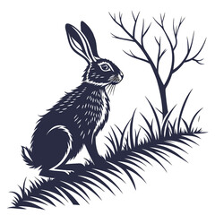 A monochromatic vector illustration of a hare sitting in a field near a tree, showcasing nature and wildlife, the artwork highlights the beauty of animals