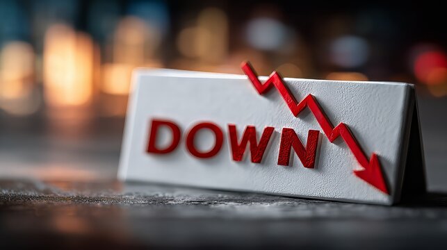 The word DOWN in red letters with a sharp red arrow pointing downwards on a white sign, representing economic recession, financial crisis, and market decline