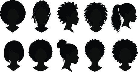 Black woman hairstyle silhouette collection, afro hair, braids, natural curls, ponytail, bun, stylish haircut, diverse beauty, vector illustration, fashion, elegance