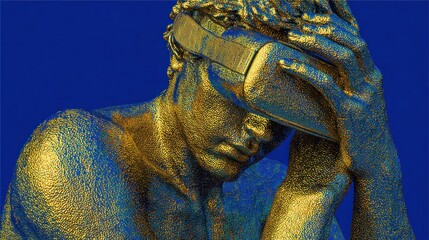 Gilded man with textured skin wears VR headset in front of bold blue background