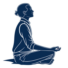 A tranquil man in a meditative pose, hands gently resting, , embodying inner peace and mindfulness through meditation, set against a clean backdrop