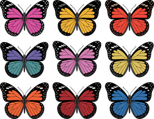 Obraz premium This image presents a grid of nine monarch-like butterflies, each rendered in a different vibrant color.