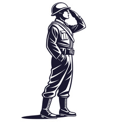 Illustration of a soldier in uniform saluting, standing tall with a helmet and boots, a symbol of military service, duty, and respect for the armed forces