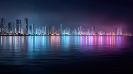 Fototapeta premium Nighttime Cityscape Panorama with Reflected Lights on Water