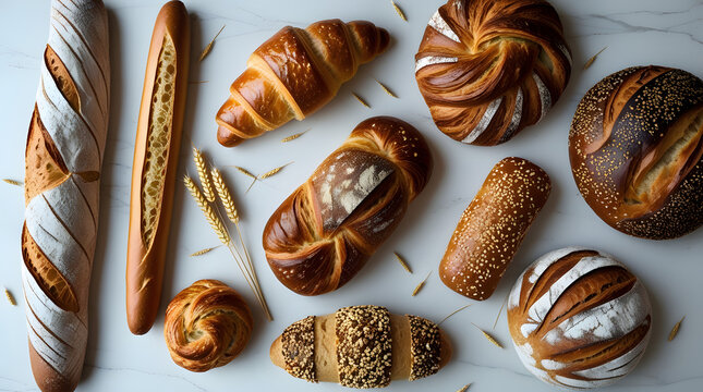 Artisan Bakery Bread and Golden Wheat on White Marble