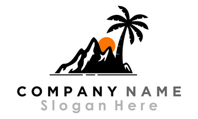 tropical island with palm trees, mountain peak and coconut tree vector logo