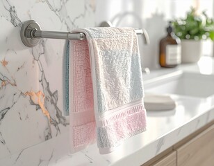 "Luxury bathroom scene: a fluffy beige hand towel hanging. Close-up angle to capture towel detailing and soft fabric feel. HD, 1:1 ratio."