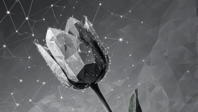 Stunning polygonal tulip rendered in metallic tones with a luminous digital network overlay, evoking futuristic growth and innovation