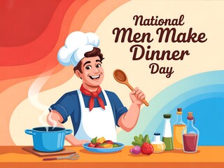 Happy national men make dinner day celebration with a cheerful chef cooking a delicious meal