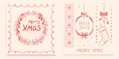 Hand drawn festive christmas illustrations with wreaths and holiday greetings in soft pink tones