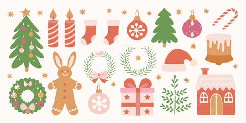A charming collection of festive christmas icons in a flat hand drawn style