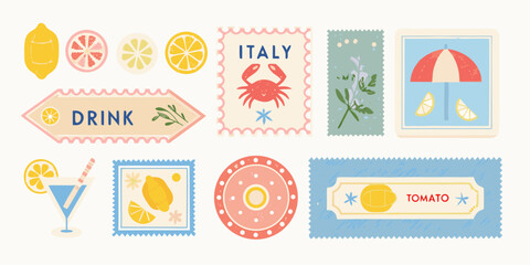 Collection of charming italian themed illustrations featuring citrus fruits a cocktail stamps and food labels