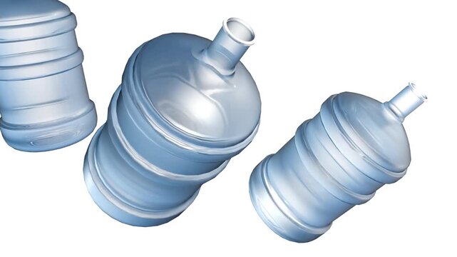 A 3d animation of row of clear, light blue plastic water jugs, often referred to as five-gallon jugs or carboys.