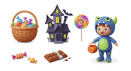 Fototapeta premium Illustration of halloween treats and a child in a monster costume holding