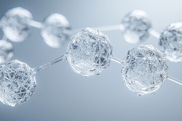 Crystalline spheres connected by thin strands, forming a chain-like structure