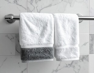 "Luxury bathroom scene: a fluffy beige hand towel hanging. Close-up angle to capture towel detailing and soft fabric feel. HD, 1:1 ratio."