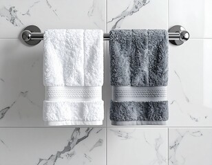 "Luxury bathroom scene: a fluffy beige hand towel hanging. Close-up angle to capture towel detailing and soft fabric feel. HD, 1:1 ratio."