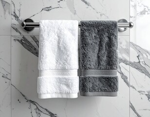 "Luxury bathroom scene: a fluffy beige hand towel hanging. Close-up angle to capture towel detailing and soft fabric feel. HD, 1:1 ratio."