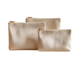 Three light beige zippered canvas pouches of varying sizes