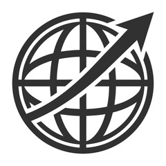 A black and white icon depicting a globe with a directional arrow
