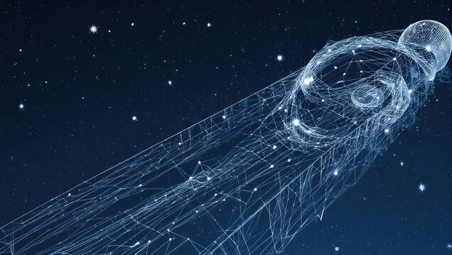 Stunning abstract digital art depicts a luminous cosmic entity or network flowing through a star-filled night sky, evoking wonder and innovation. - Powered by Adobe