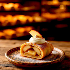 A piece of pear strudel on a plate.