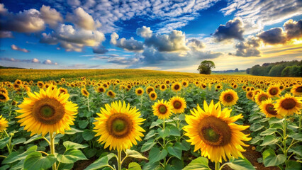 Obraz premium Vibrant sunflower field stretches towards a beautiful blue sky with fluffy clouds