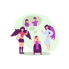 The timeless concept of a moral dilemma, with a person torn between an angel's conscience and a devil's temptation