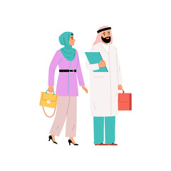 Two diverse medical professionals in traditional attire, a man and a woman, carrying briefcases