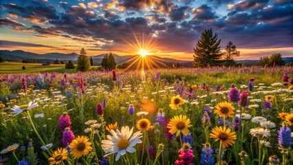 Vibrant wildflower meadow basks in the golden light of a beautiful sunset