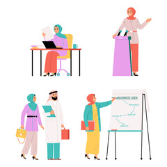 Modern Muslim business people actively working, presenting, and collaborating in professional environments