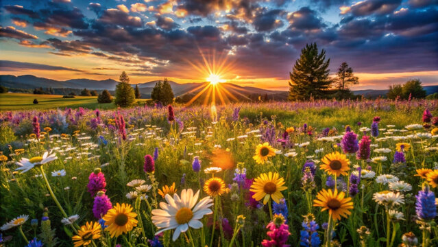Vibrant wildflower meadow basks in the golden light of a beautiful sunset - Powered by Adobe