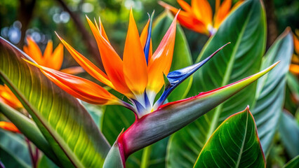 Vibrant bird of paradise flowers in a lush green garden setting