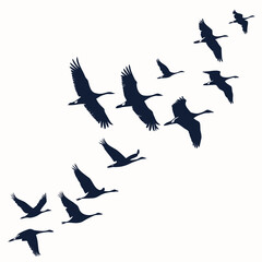 A flock of silhouetted cranes flying in formation against a white background in a diagonal pattern