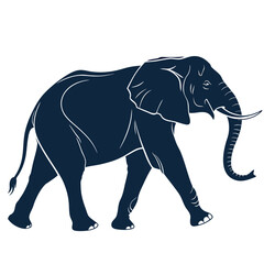 A striking dark blue silhouette of a majestic elephant walking gracefully across a clean white background