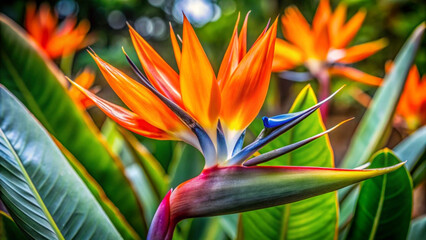 Close up of vibrant orange bird of paradise flowers in bloom