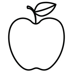 Simple black and white line drawing of an apple with a leaf