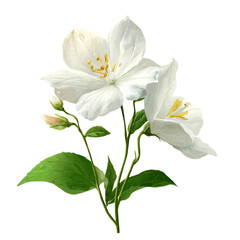 Delicate White Jasmine Flowers with Green Leaves Botanical Illustration Isolated On Transparent Background.
