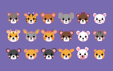 Set of Cute Animal Face Illustrations for Kids Media