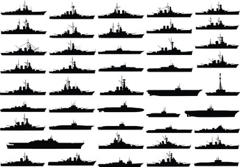 Collection of silhouette illustrations of various types of naval warships and military vessels in a grid layout