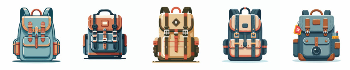 Naklejka premium Backpack Vector Illustration Pack – Stylish Travel, Hiking, and Camping Bags in Modern Flat Design