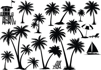 Collection of silhouette palm trees and beach elements including lifeguard tower umbrella chairs and sailboat