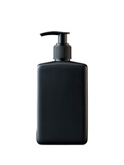 A matte black rectangular pump bottle, simple and sleek, sits centered against a black background.  The pump top is a slightly lighter shade